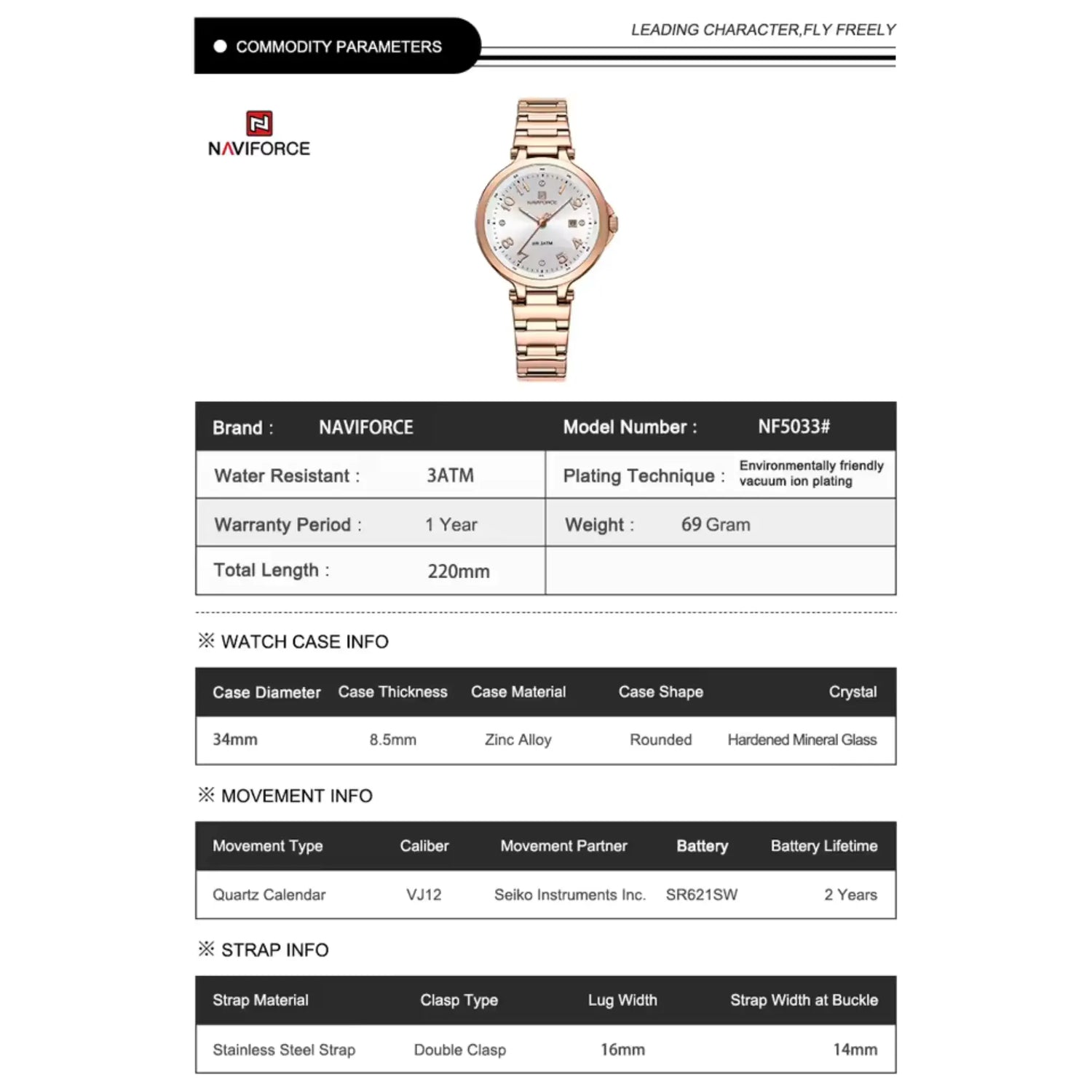 RELOJ ANALOGICO MUJER NF5059 NAVIFORCE PLATEADO CLASICO 1030876 NAVIFORCE