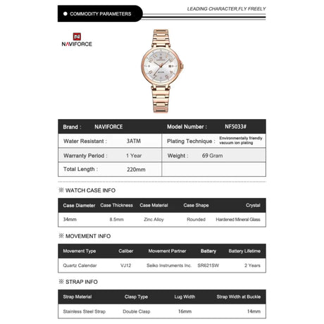 RELOJ ANALOGICO MUJER NF5059 NAVIFORCE PLATEADO CLASICO 1030876 NAVIFORCE