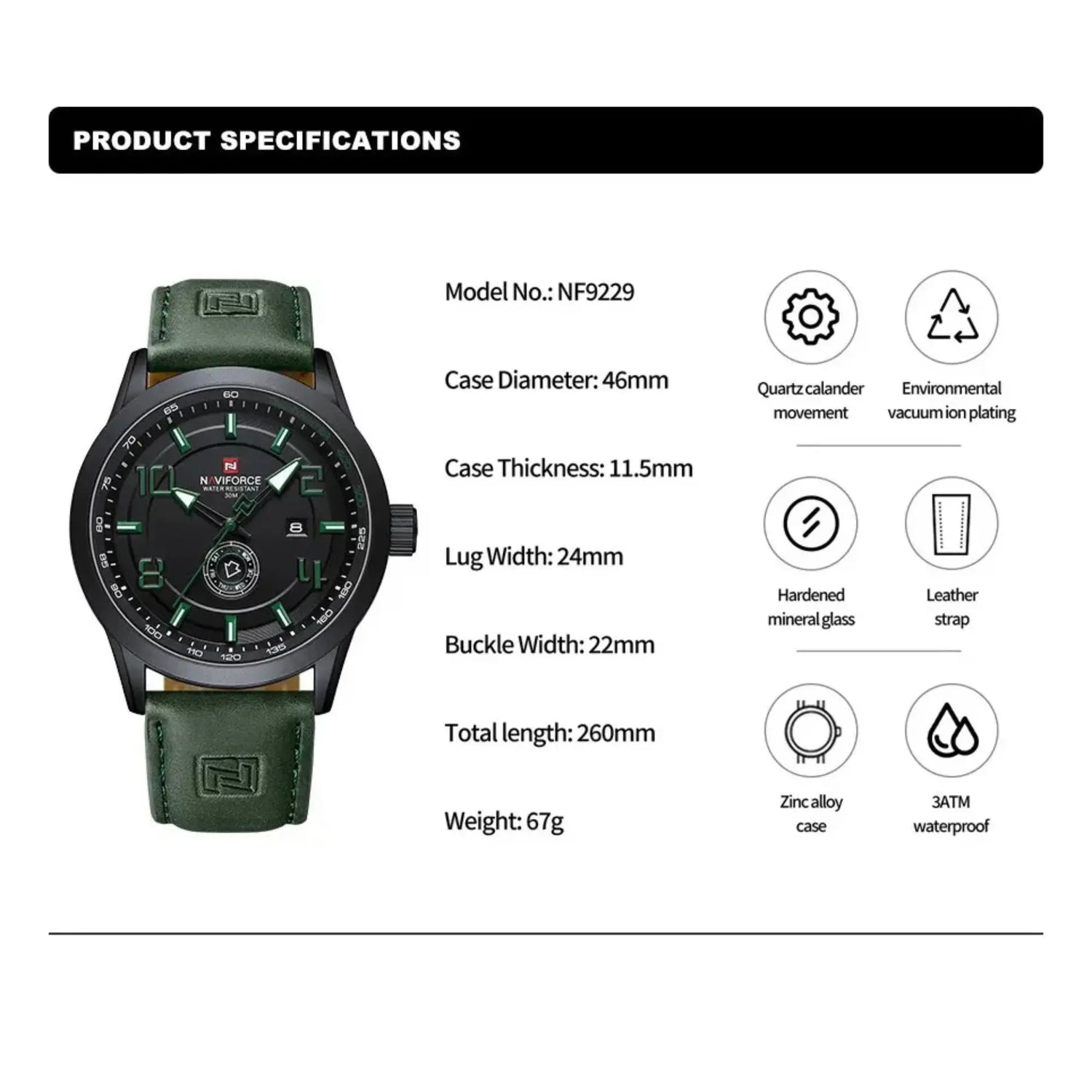 RELOJ ANALOGICO HOMBRE NF9229 NAVIFORCE VERDE CASUAL 1030929 NAVIFORCE