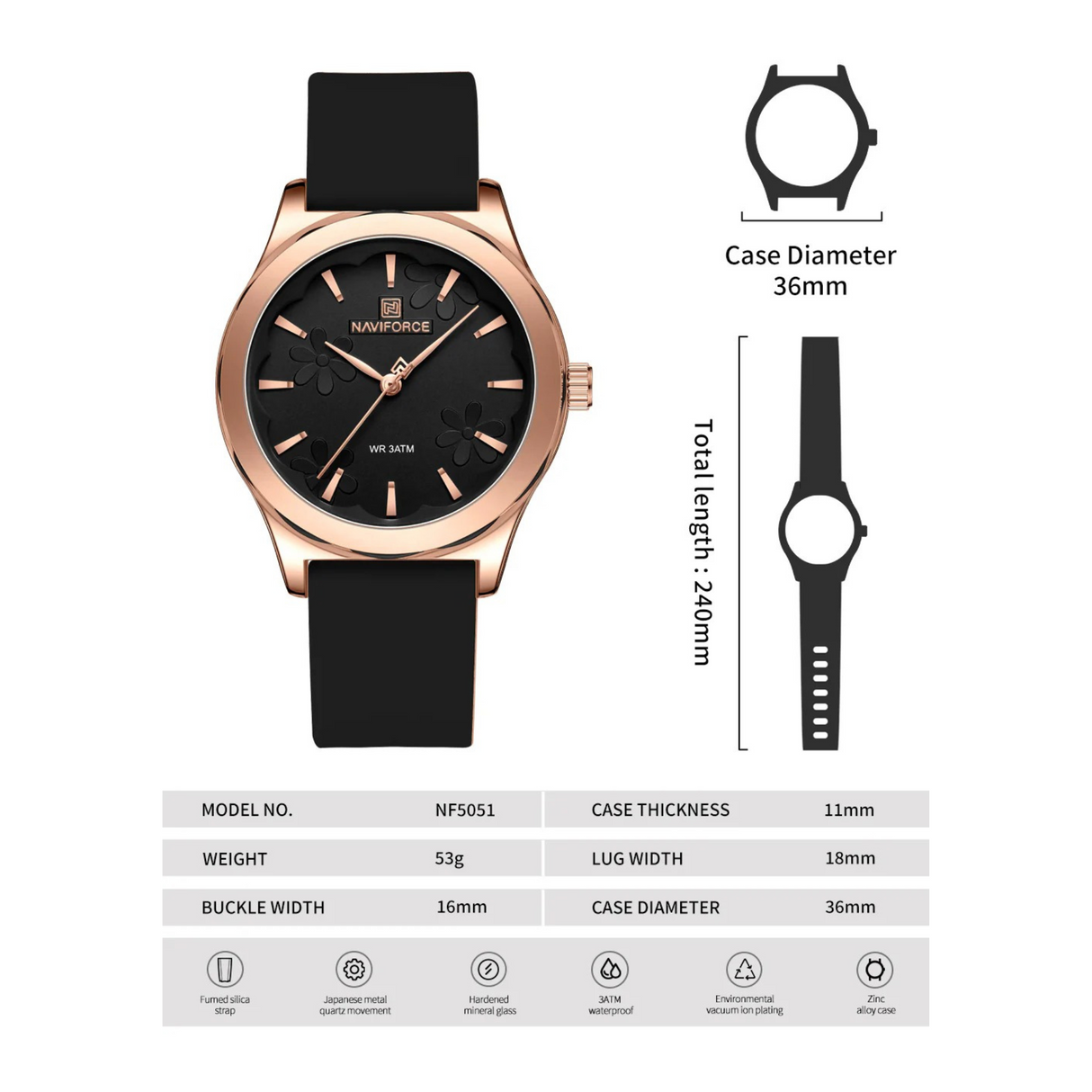 RELOJ ANALOGICO MUJER NF5051 NAVIFORCE NEGRO CASUAL 1030873
