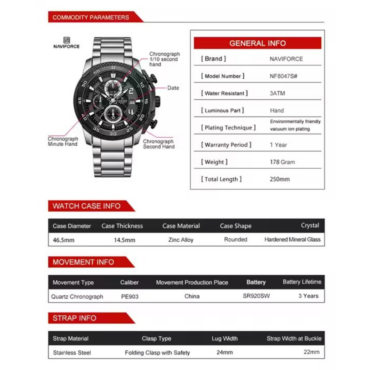 RELOJ ANALOGICO HOMBRE NF8047S NAVIFORCE PLATEADO CLASICO 1030897