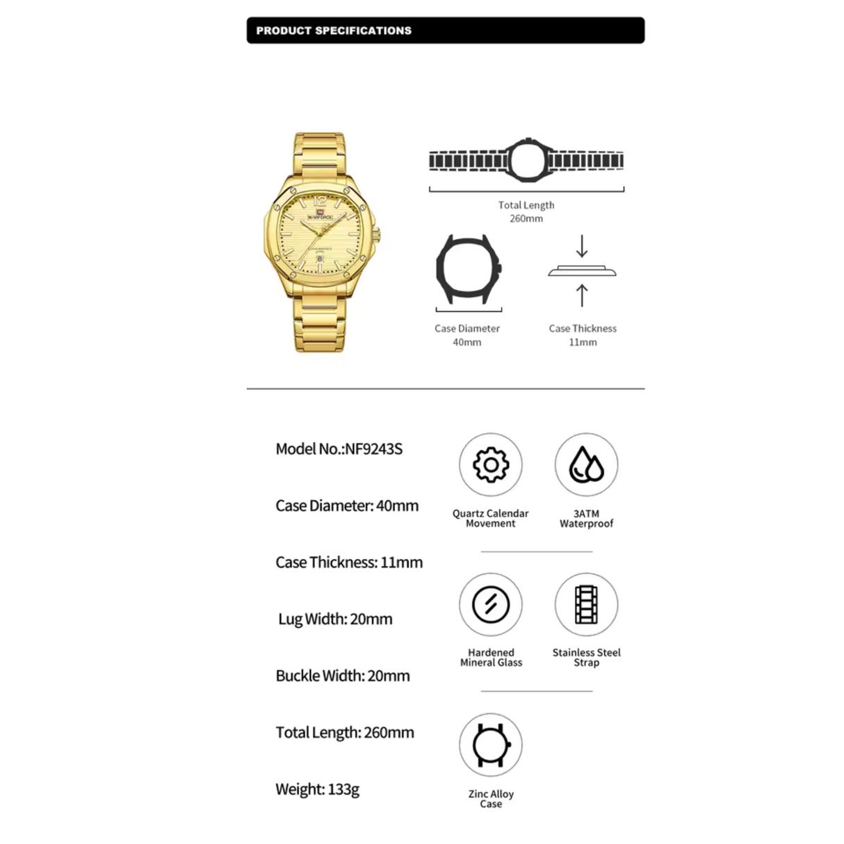 RELOJ ANALOGICO HOMBRE NF9243S NAVIFORCE DORADO CASUAL 1030934