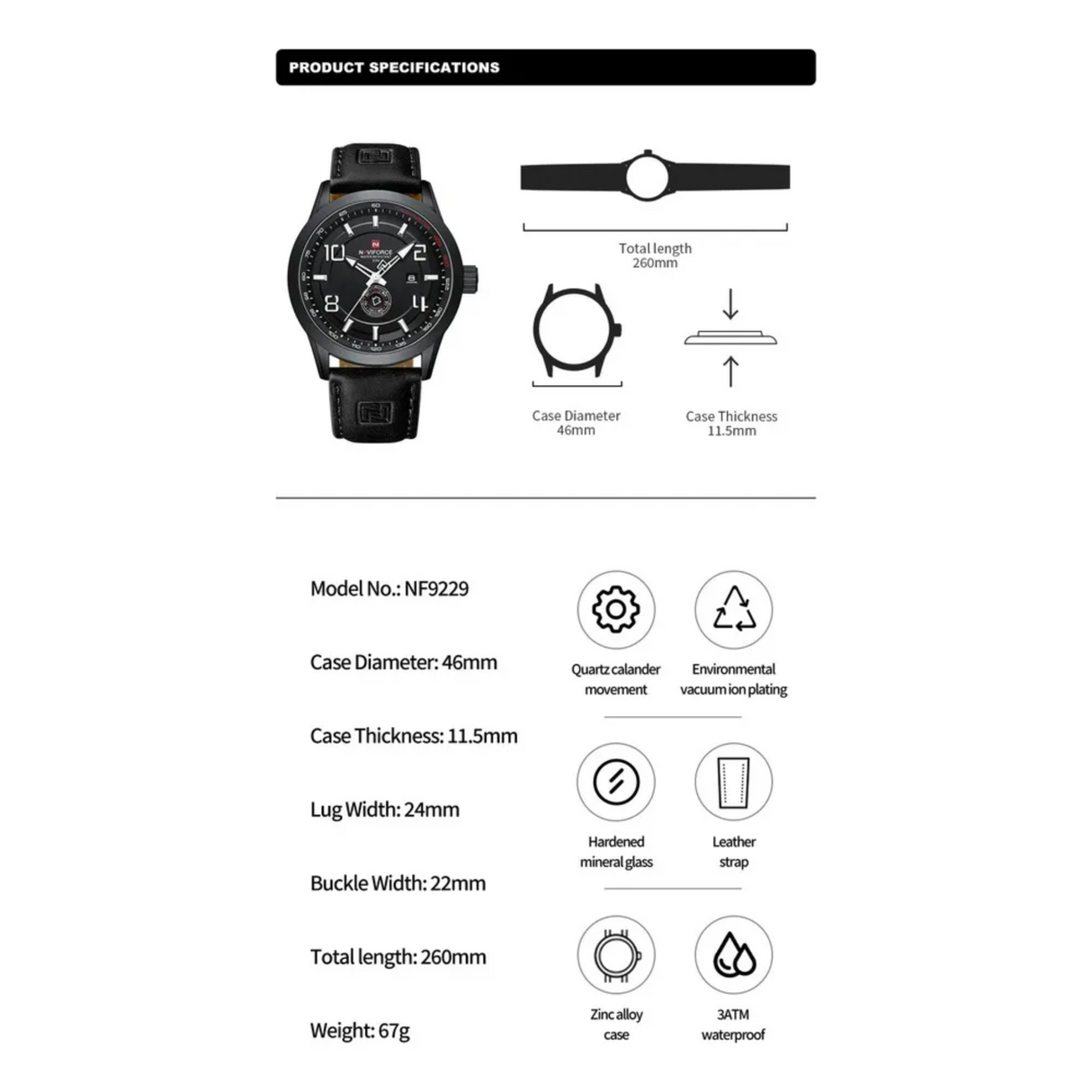 RELOJ ANALOGICO HOMBRE NF9229 NAVIFORCE NEGRO CASUAL 1030928