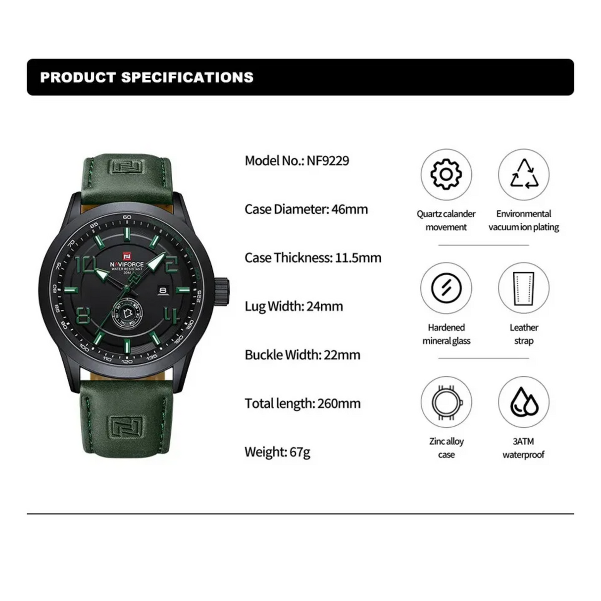 RELOJ ANALOGICO HOMBRE NF9229 NAVIFORCE VERDE CASUAL 1030929