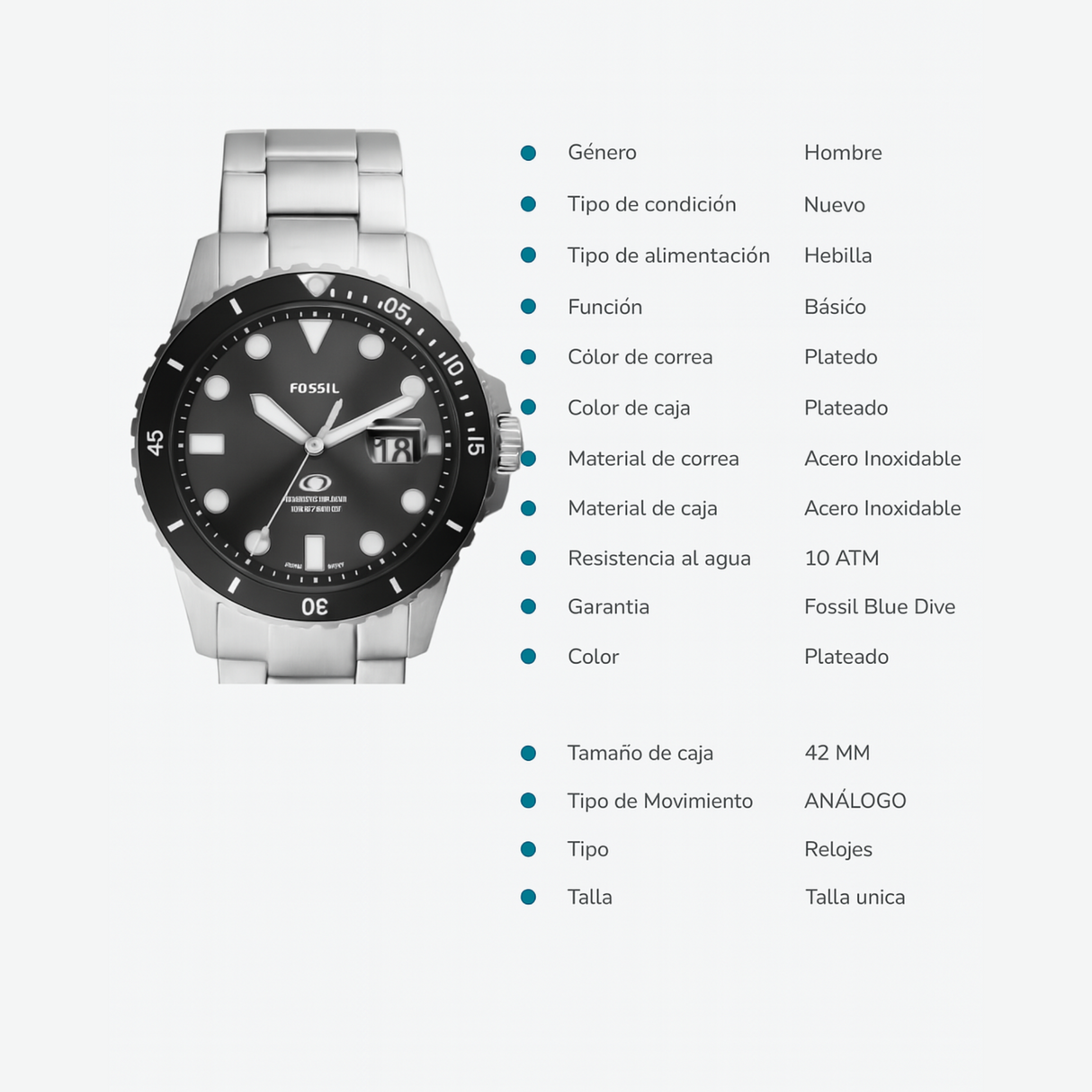 RELOJ ANALOGICO HOMBRE FS6032 FOSSIL	PLATEADO CLASICO 1031021