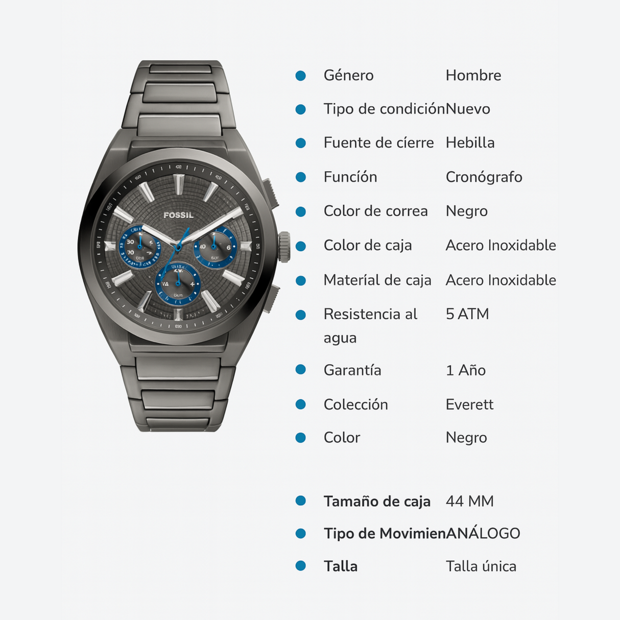 RELOJ ANALOGICO HOMBRE FS6107 FOSSIL PLATEADO CLASICO 1031030